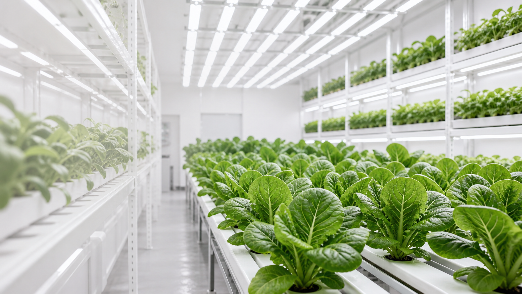 Indoor vertical farm aisle with rows of leafy greens under grow lights